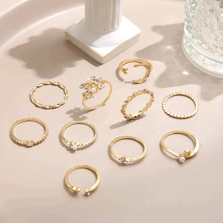 Set of 10 Silver and Gold Plated Bohemian Rings