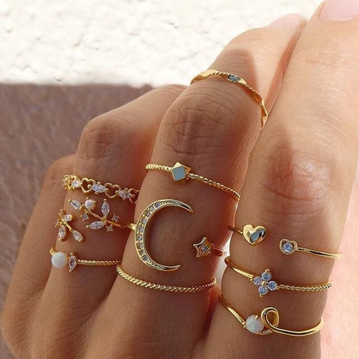 Set of 10 Silver and Gold Plated Bohemian Rings