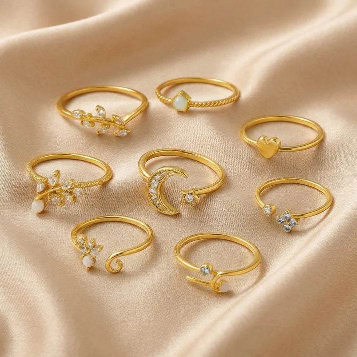 Set of 10 Silver and Gold Plated Bohemian Rings